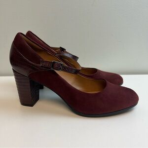 Clarks Mary Jane Heels Suede Leather Elegant Burgundy Size 11 Bavette Cathy NEW